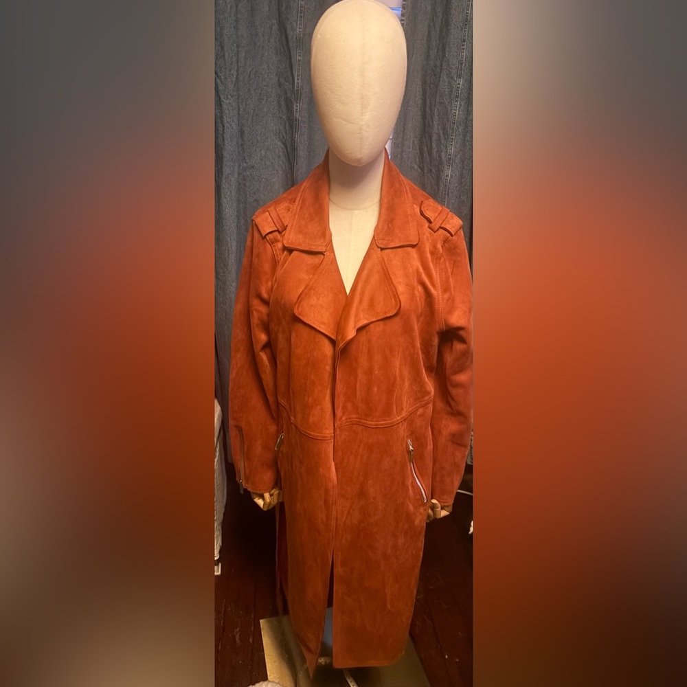 Tahari Burnt Orange Faux Suede Belted Moto Trench – Winter Style – Size XL - Picture 2 of 4